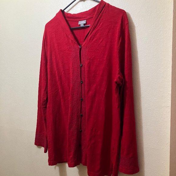 J. Jill Women's Red Embroidered Design Button Front Long Sleeve Blouse Size XL - Picture 1 of 7